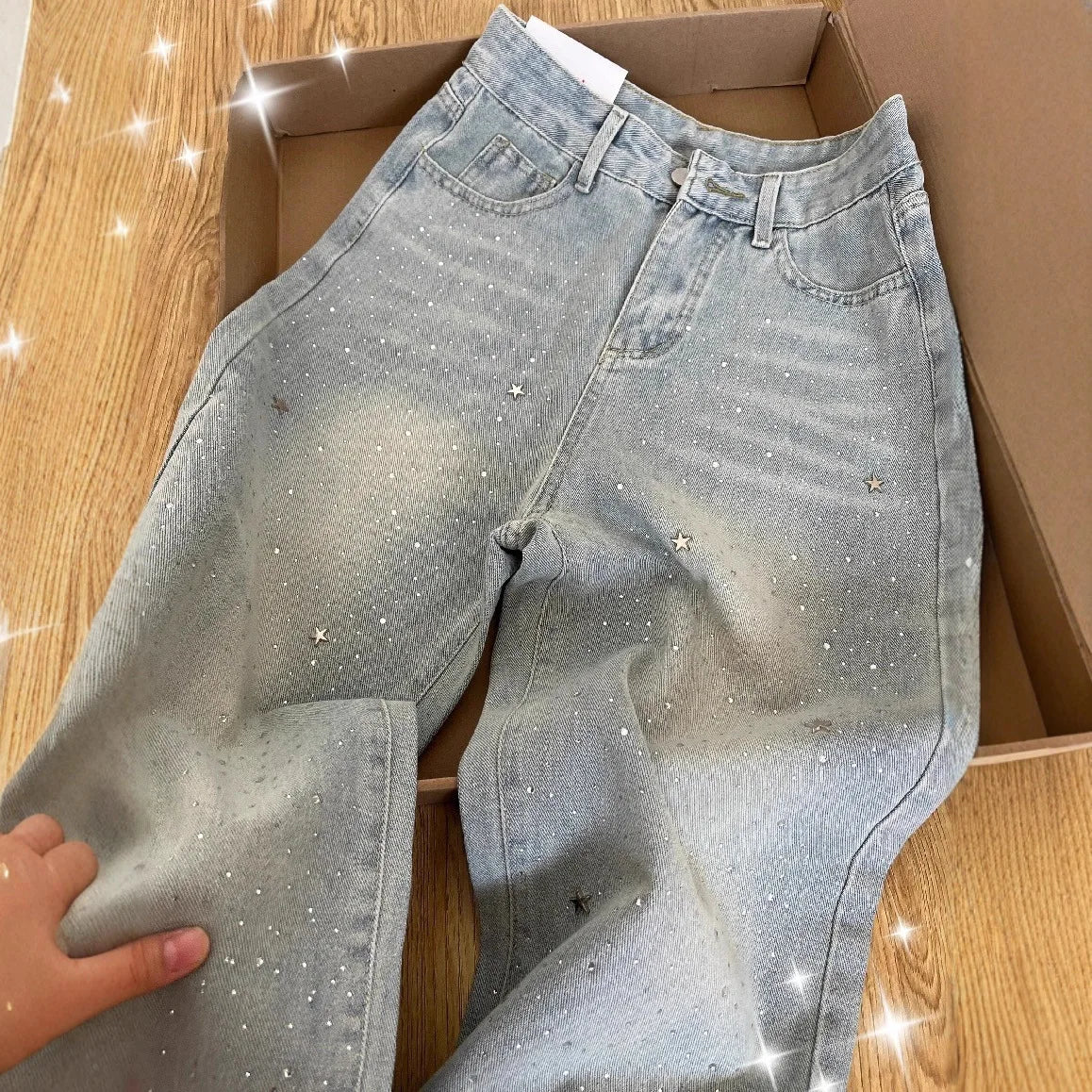 Women's 2025 Autumn New Light Blue Hot-Selling Rhinestone Straight Jeans High Waist Wash Jeans Loose Slimming Wide Leg Trousers