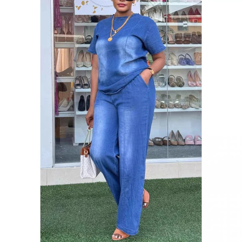 Fashion Women Two Piece Sets Denim Round Neck Short Sleeve Tops Casual Loose Wide Leg Long Pants Set High Waist Y2k Streetwear