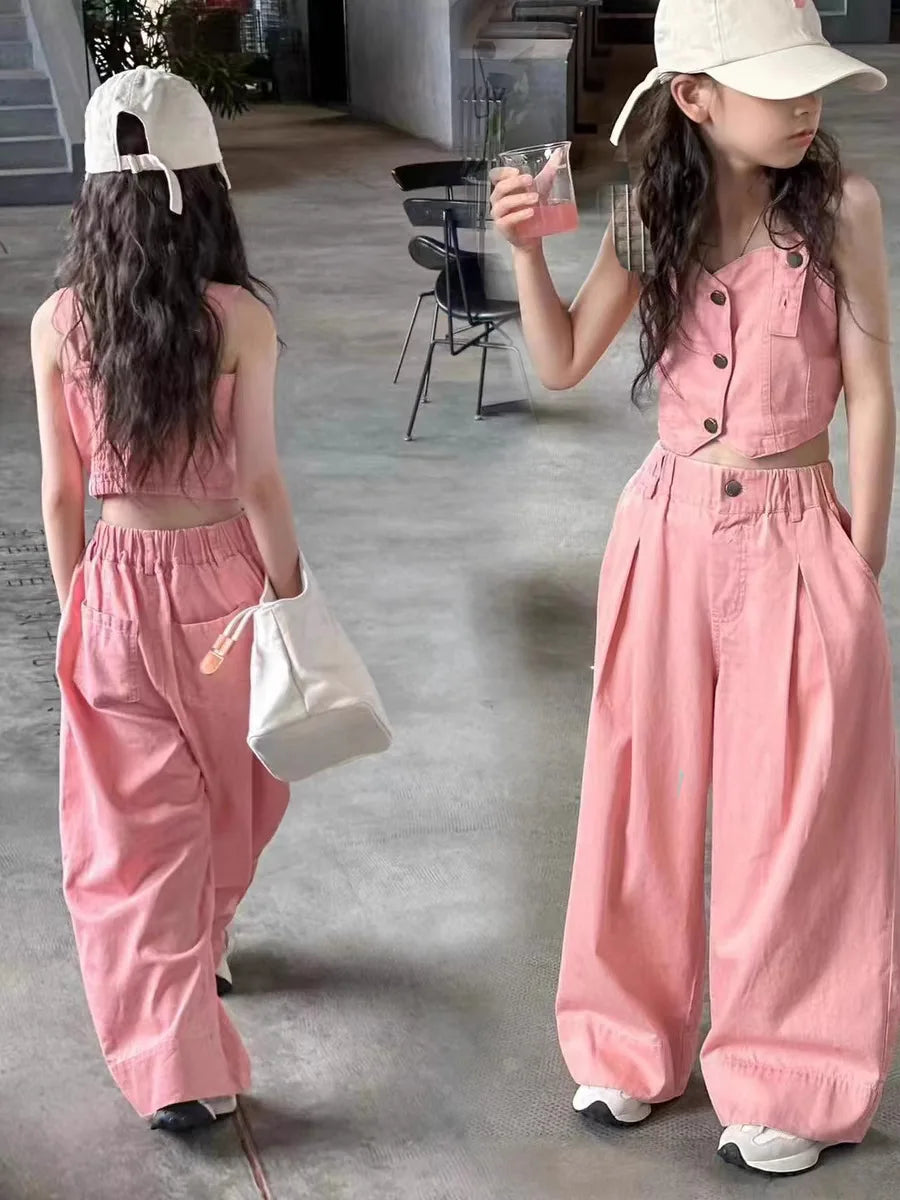 Summer Baby Girls Clothes Set Fashion Sling Vest Tops + Wide Leg Pants 2pcs Kids Clothing Suit Children Outfits Infant Costumes
