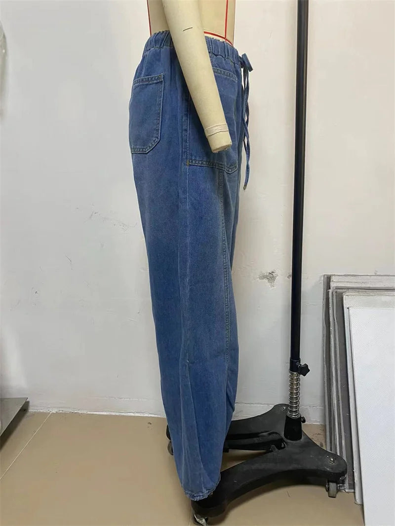 2025 Spring Street Fashion Washed Wide Leg Baggy Jeans Women Casual Loose Mid Waist Denim Pants Boyfriend Denim Bloomers Jeans