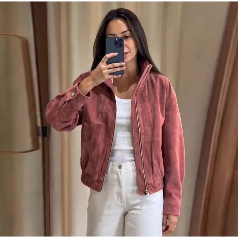 Women Dusty Faux Suede Bomber Jacket Stand Collar Zip Up Loose Drop Shoulder Elastic Hem Casual Fall Outerwear 2026 Fashion Coat