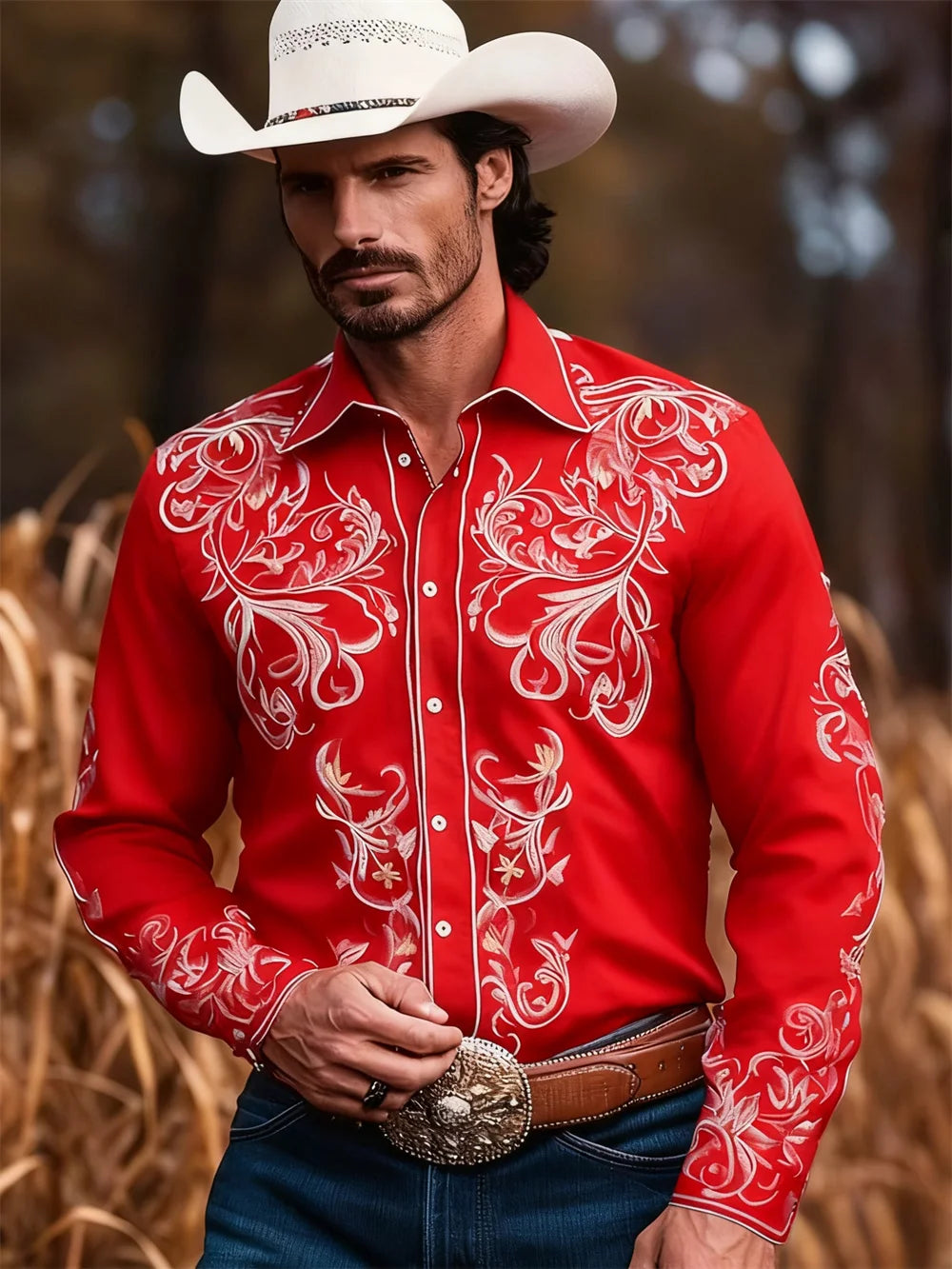 Men's Western Cowboy Style Casual Shirt with 3D Digital Printing Pattern, Vintage Holiday Casual Button Shirt