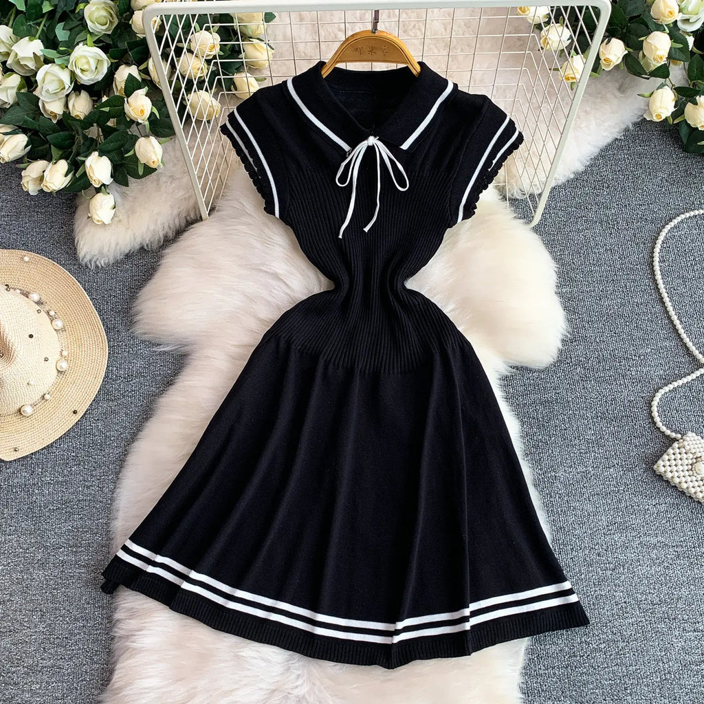 Summer Women Sweet Strechy Sundress Turndown Collar Short Sleeve Knitted Dress Lace Up Bow High Waist A-line Mini Dress