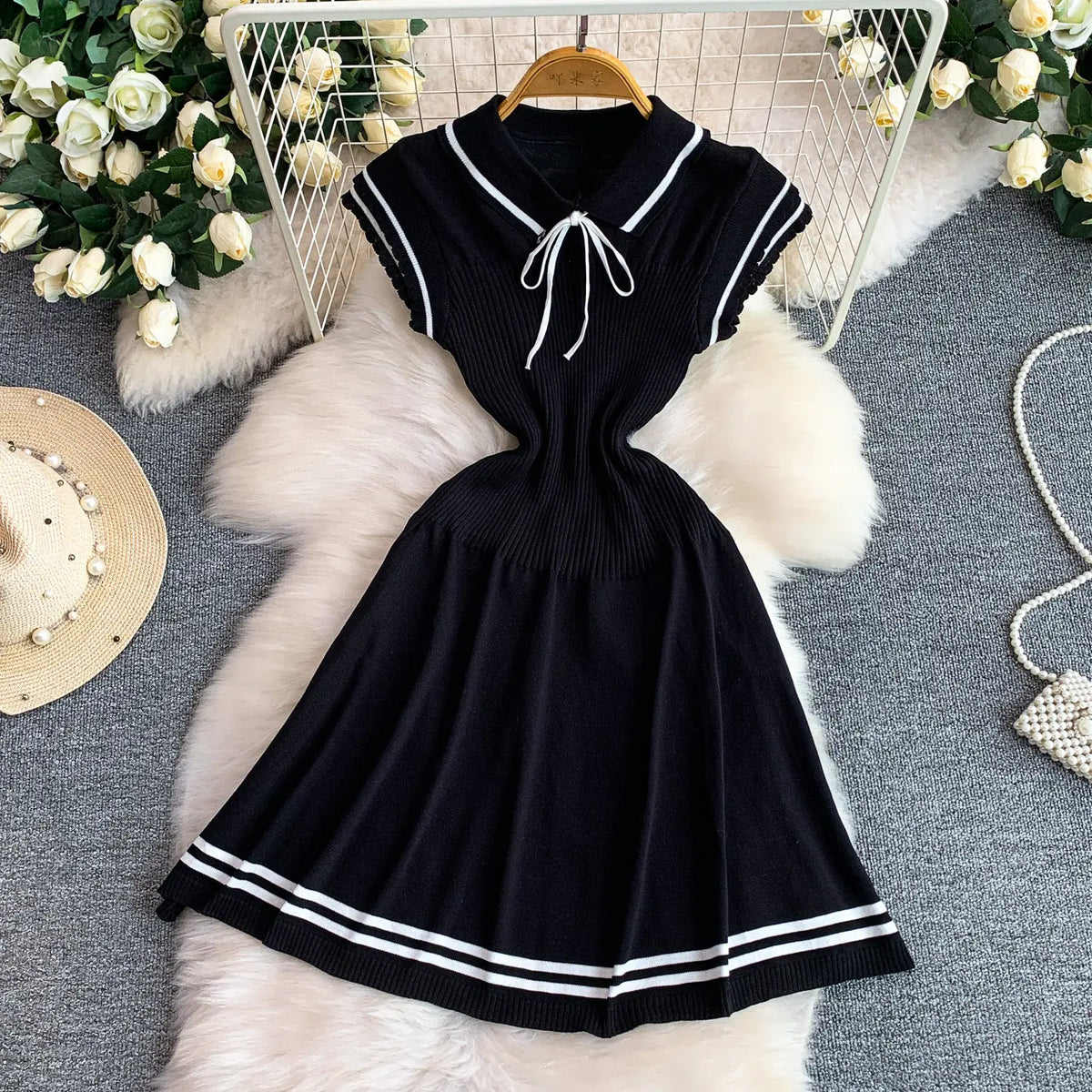 Summer Women Sweet Strechy Sundress Turndown Collar Short Sleeve Knitted Dress Lace Up Bow High Waist A-line Mini Dress