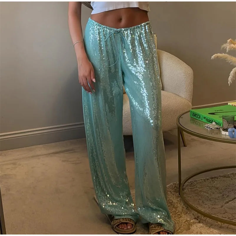 Casual Sequin Pants Women Loose Elastic Waist Wide Legs Trousers Female 2026 Autumn Winter Fashion Chic Solid Streetwears Lady