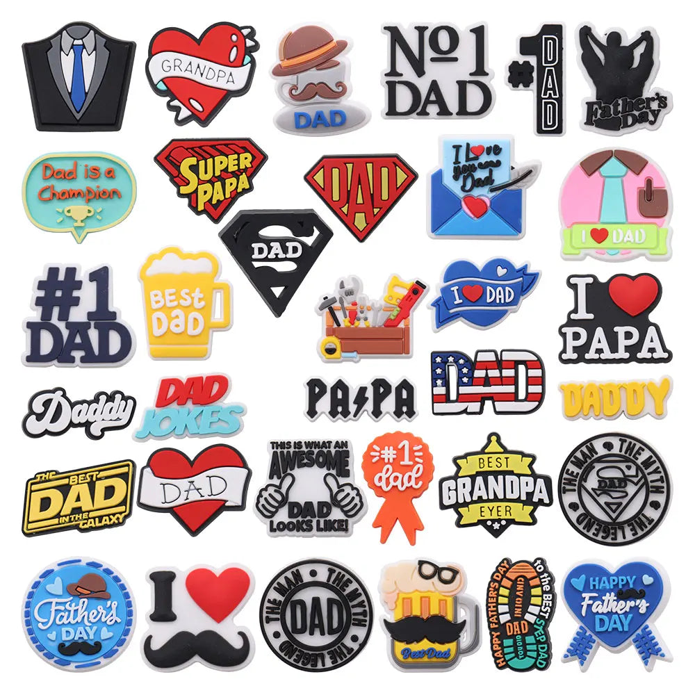1-34PCS Cartoon Papa Happy Father's Day Best Dad Heart PVC Shoes Charms Accessories Buckle Clog Decorations DIY Bracelet