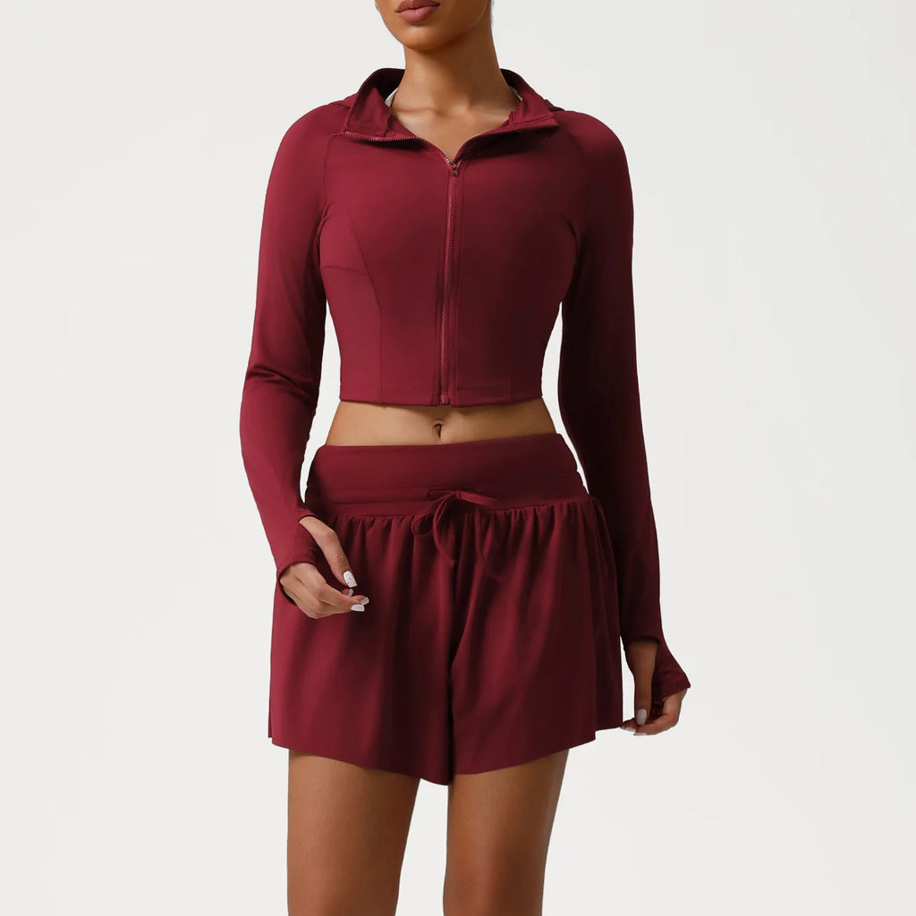 sm2544 Autumn Winter New Running Jacket Set Women's Tight Quick Drying Sports Fitness Jacket & High Waist Shorts 2 Piece Set