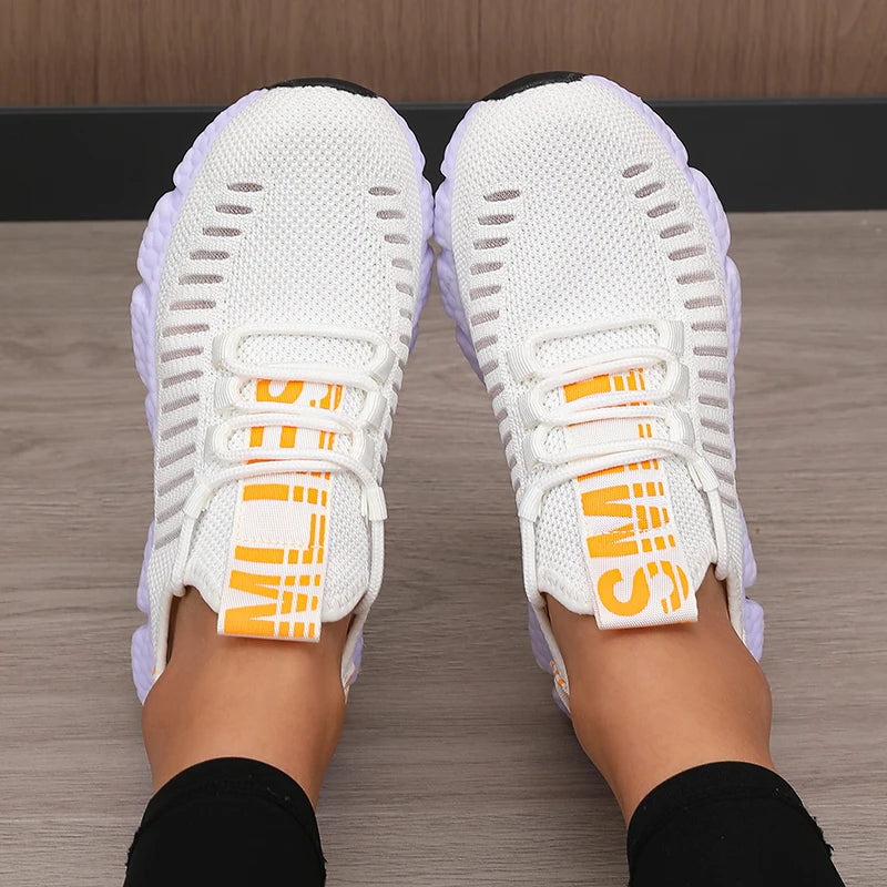 Women's Sneakers Knitted Mesh Breathable Fashionable Lightweight Soft Lace Up Shoes Flexible Trendy Exercise Walking Flat Shoes