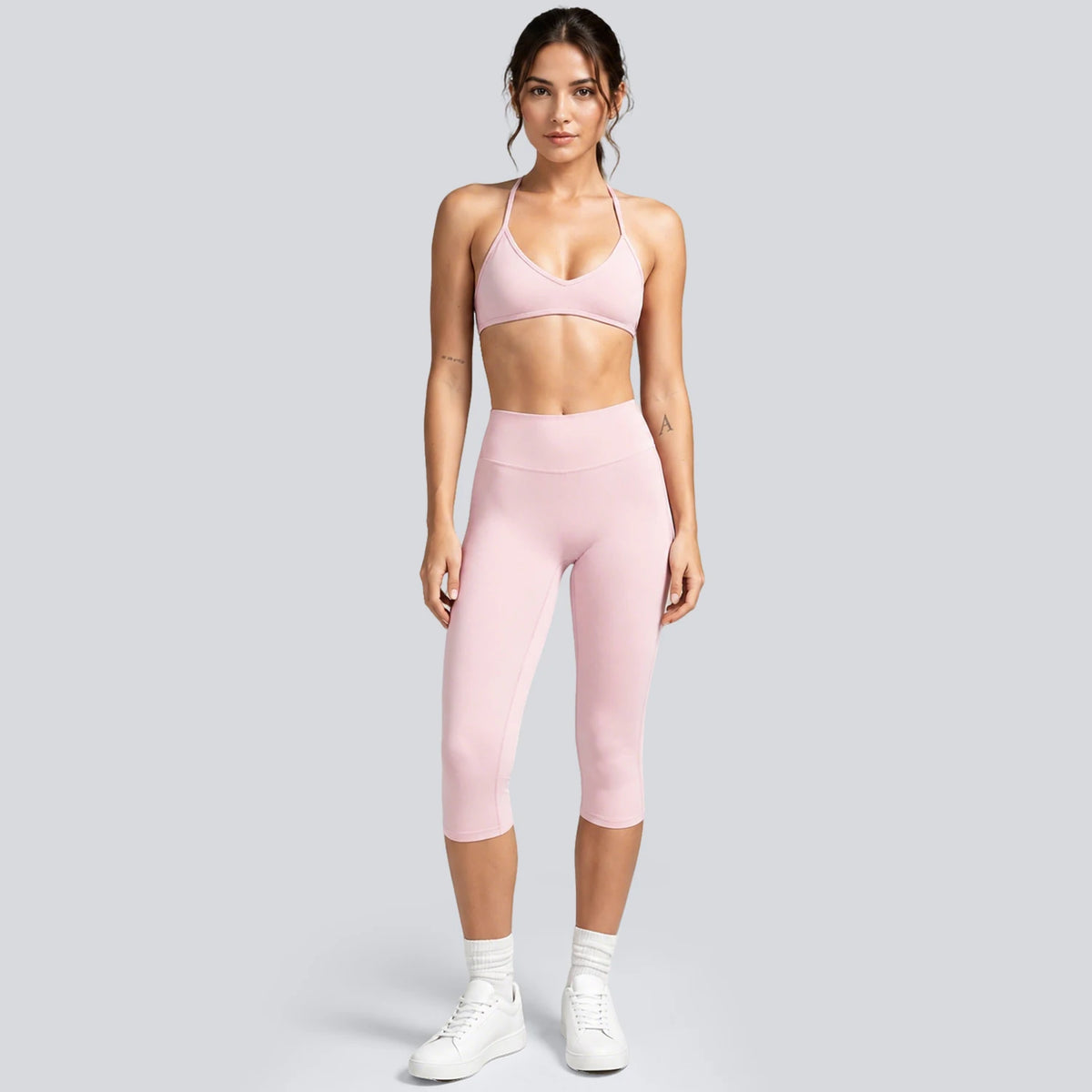 Women 2Pcs Thin Strap V Neck Sports Bra High Waist Capri Leggings Yoga Set Gym Pilates Fitness Tracksuit Streetwear