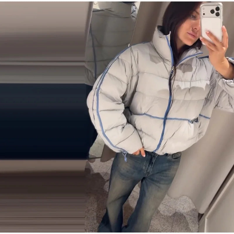 Casual Contrasted Color Women's Cotton Coats Zippers Stand Collar Loose Lady Thicken Jackets 2026 Autumn Winter Female Tops New