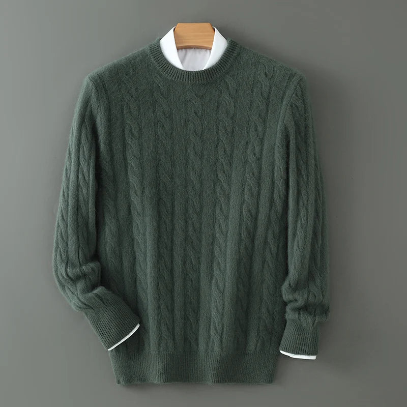 Men's Round Neck Pullover Sweater For Autumn Winter 100% Pure Mink Cashmere Knitted Sweater, Casual Long Sleeved Thick Warm Base
