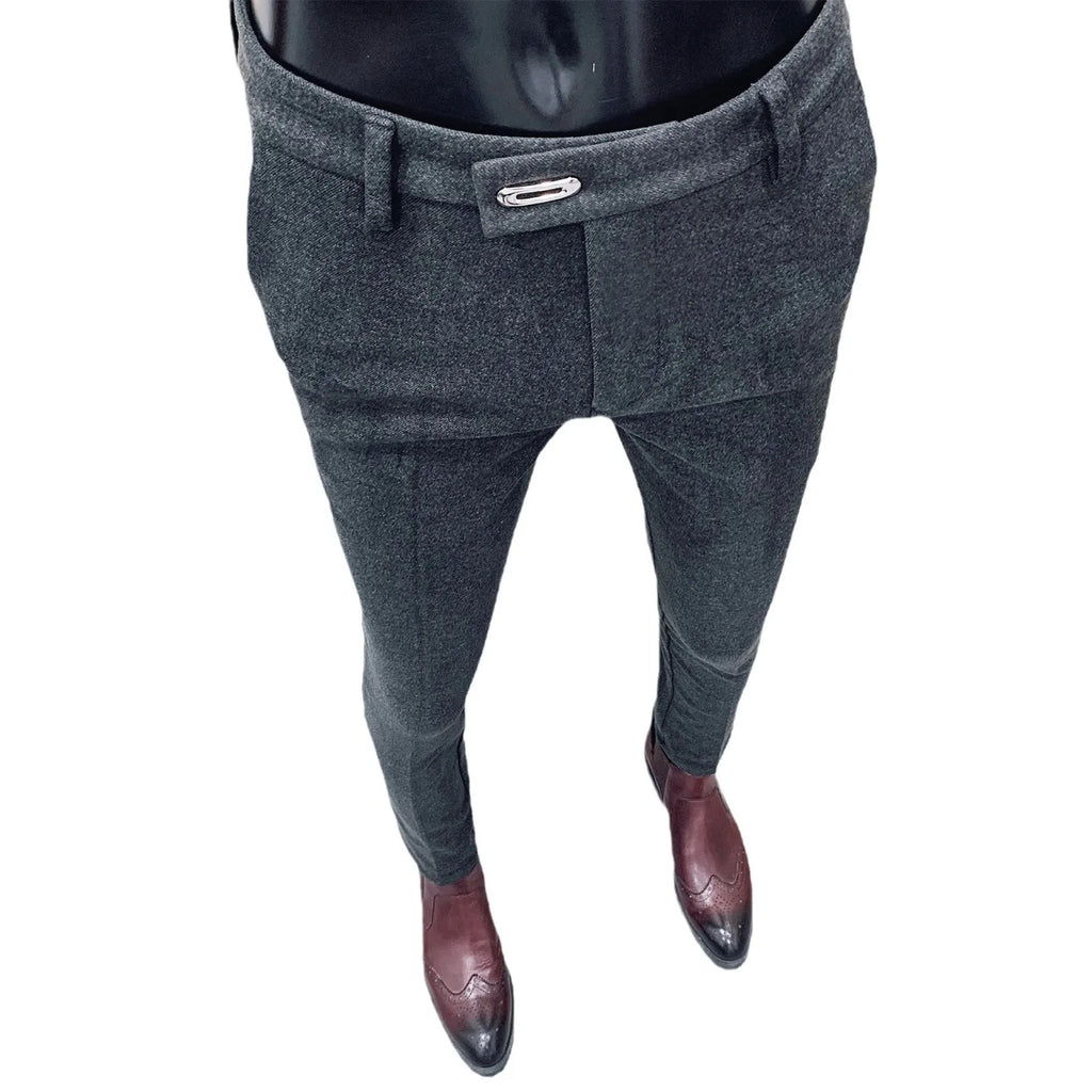 Autumn Winter Thickened Woolen Suit Pants Men Casual Slim Fit Straight Trousers Formal Business Woolen Social Office Warm Pants