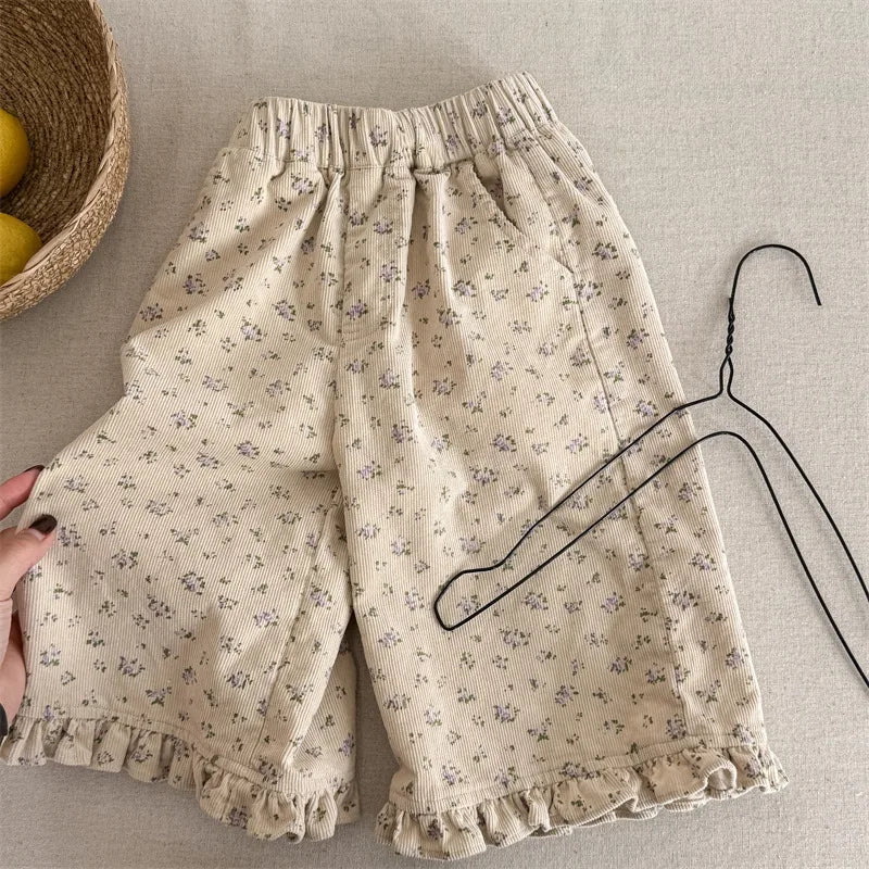 deer jonmi 2026 New Spring Baby Girls Wide Leg Pants Floral Printed Korean Style Corduroy Ruffles Toddlers Kids Casual Trousers