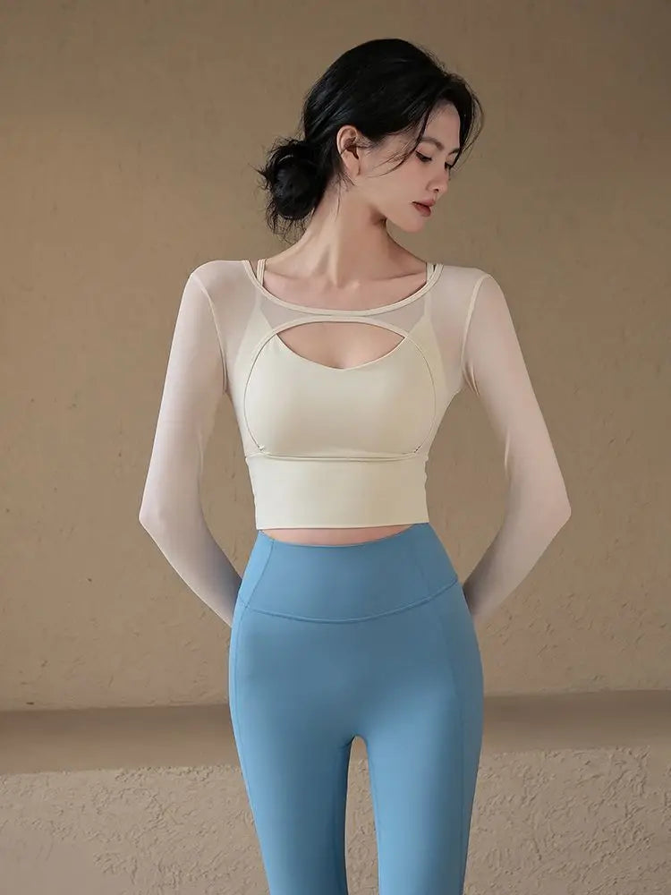 American Sle Yoga Clothes Long Sve T-irt Women Sexy Hollow out Me Splice Sports Fitn Top with Chest Pad