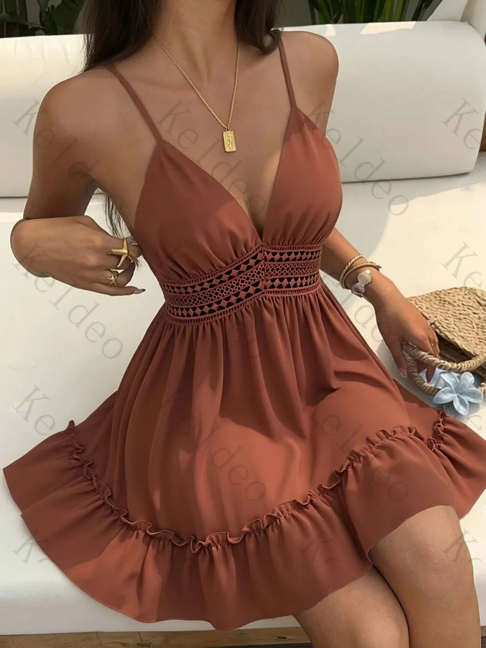 Customized Cocoa Spaghetti Strap Short Evening Dress Deep V Neck Hollow Crochet Waist Ruffle Hem A Line Mini Gown Cocktail Beach