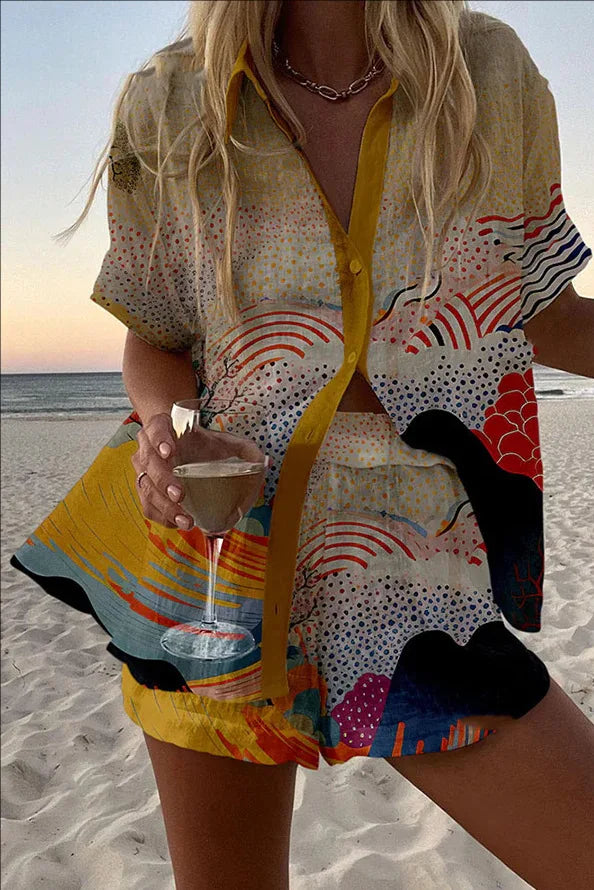 Summer New Print Beach Holiday Set For Women Fashion Short Sleeve Buttoned Shirt Wide Legs Shorts Oversized Two Piece Set