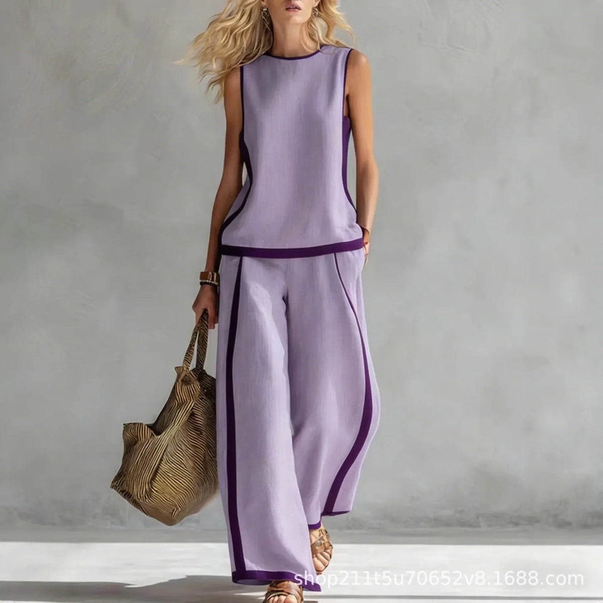New Fashion Retro Printed Sleeveless Tops Trousers 2-piece Sets Women's Summer Casual Vest Loose Wide Leg Trousers Female Suit
