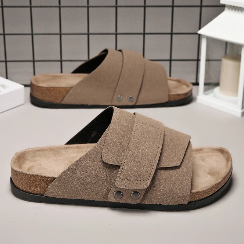Men Women Clogs Suede Leather Cork Slippers Comfort Footbed Adjustable Open Shoes Slide Sandals Indoor Home Outdoor for Couples