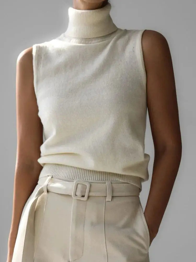 White Turtleneck Knitted Sleeveless Sweater For Women Elegant Knit Warm Tank Tops Sweaters Autumn Clothing Brown Blue Gray Red