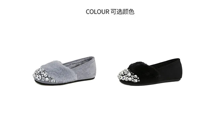Luxury Glitter Rhinestone Ladies Plush Flat Shoes Female Cozy Crystal Decorate Loafers Winter Warm Walking Driving Shoes Casual