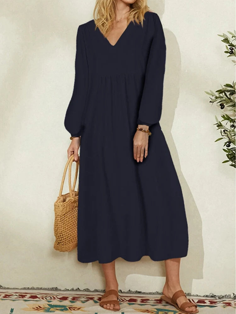 Plus Size  Spring/Fall New Arrival  Women's Cotton-Linen Blend Loose-Fit Bell-Sleeve Dress  Casual, Elegant for Everyday Wear