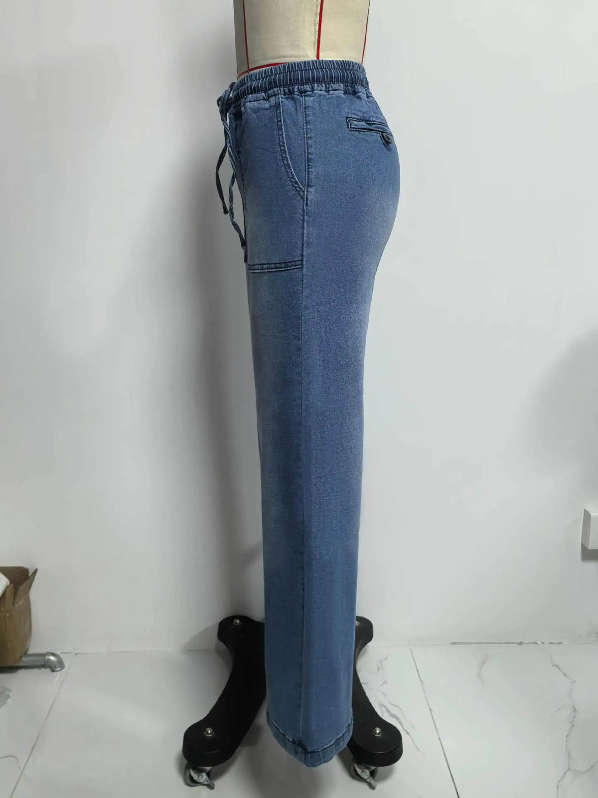 Chic High Waist Drawstring Denim Pants Women's Straight Wide Leg Jeans Fashion Trousers
