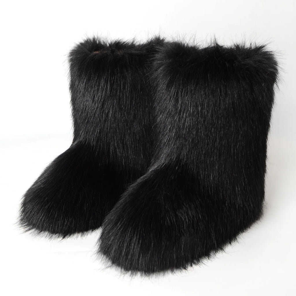 Women's Winter Snow Boots Outdoor Luxury Furry Faux Fox Fur Boots Woman Plush Warm Platform Shoes New Fashion Bottes Big Size 46