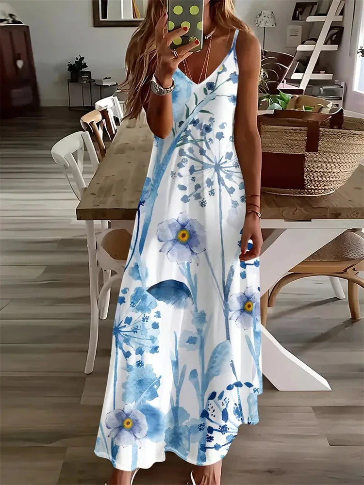 2024 New Women's Vintage Print Sleeveless Floor-Length Sundress Fashion V-Neck Slip Dress Bohemia Casual Loose Holiday Clothing