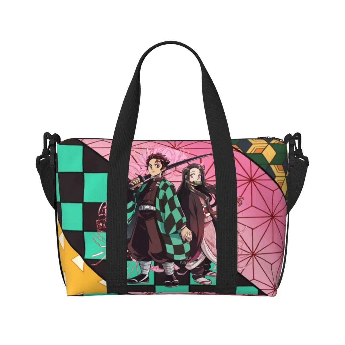 Custom Demons Slayers Anime Manga Beach Tote Bag for Women Tanjiro Kamado Nezuko Big Compartment Gym Beach Travel Bags