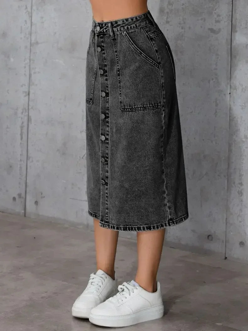 Women Waist Stretchy Denim Pencil Skirt, Midi Knee Length Slit Bodycon Flattering Casual Daily Streetwear Chic Ladies Midi Skirt