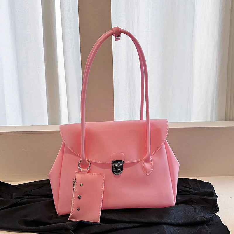 Korean Style Flap Jelly Tote Bag Large Capacity Commuter Shoulder Bag Underarm Handbag Soft Candy Color Casual Daily Work Bag