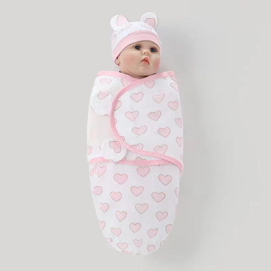 Baby Blanket Hat Set Cartoon Printed Cotton Newborn Swaddle Adjustable Infant Sleeping Swaddle Wraps All Seasons 0-6 Months