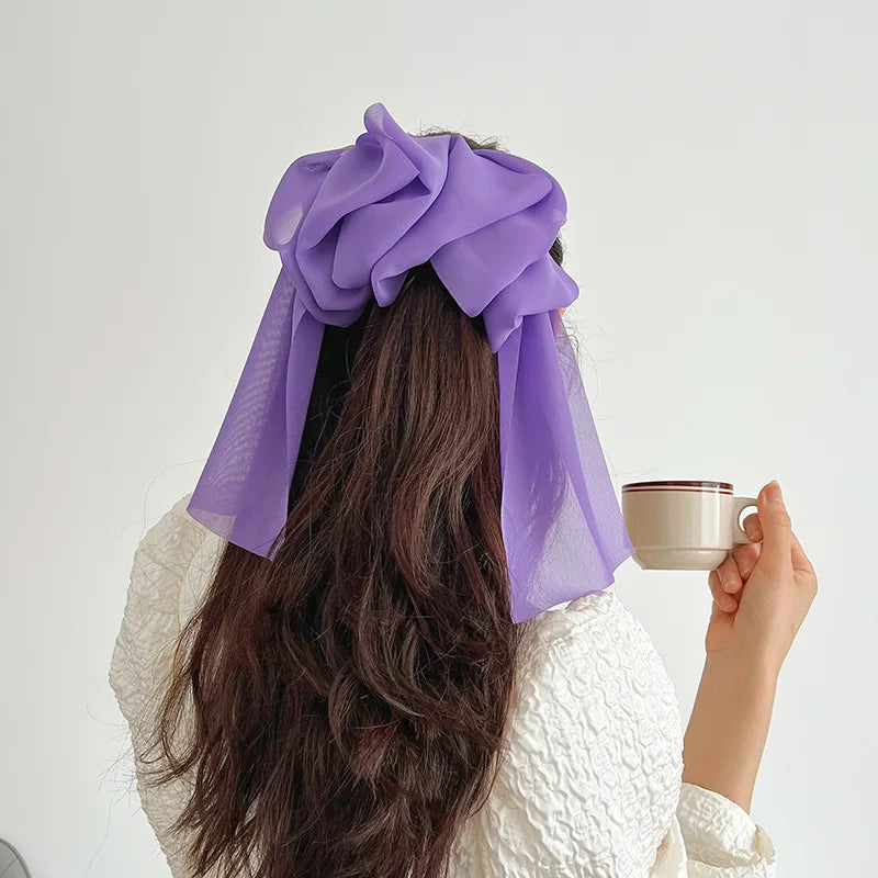 Chiffon Multi-layer Large Barrette Bow Hairpin For Female Streamer Fairy Back Head Ponytail Spring Clip French Lazy Headdress