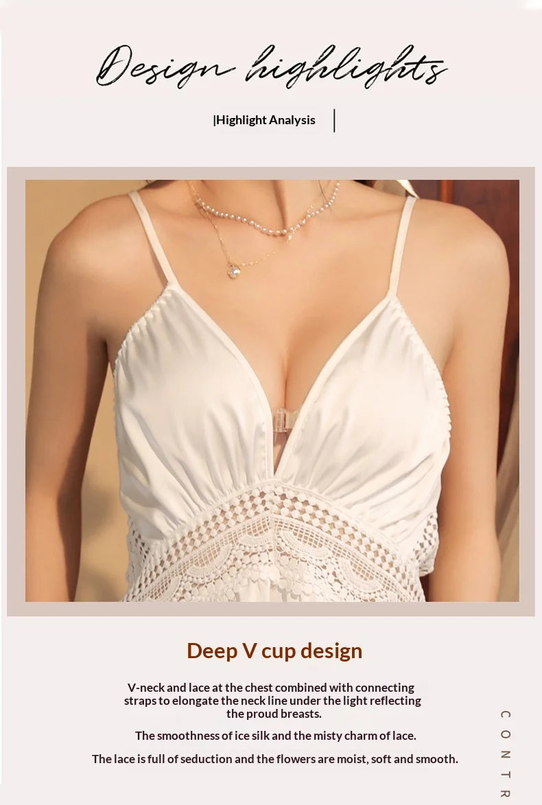 Women Satin Sleepwear Deep V Neck Lace Trim Ruffle Hem Chemise Nightgown