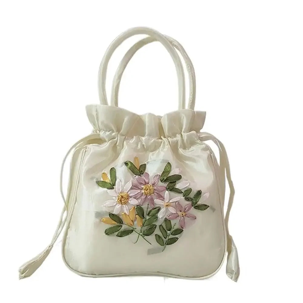 Retro Elegant Satin Silk Embroidery Totes for Women Floral Drawstring Handbag Hanfu Woman Purse Wallet Small Tote Bags