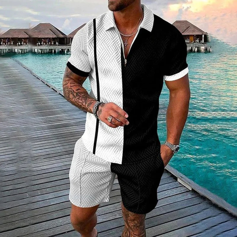 Men Zipper Polo Shirt Suit 2 Pcs Tracksuit Summer 3D Print Beach Boho Geometric Style Holiday Clothing Ensembles De Sport