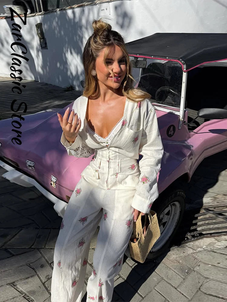 Casual Floral Printed Jumpsuits For Woman Sweet V Neck Full Sleeve Lace Spliced Pocket Lady Fashion street Clothing 2026