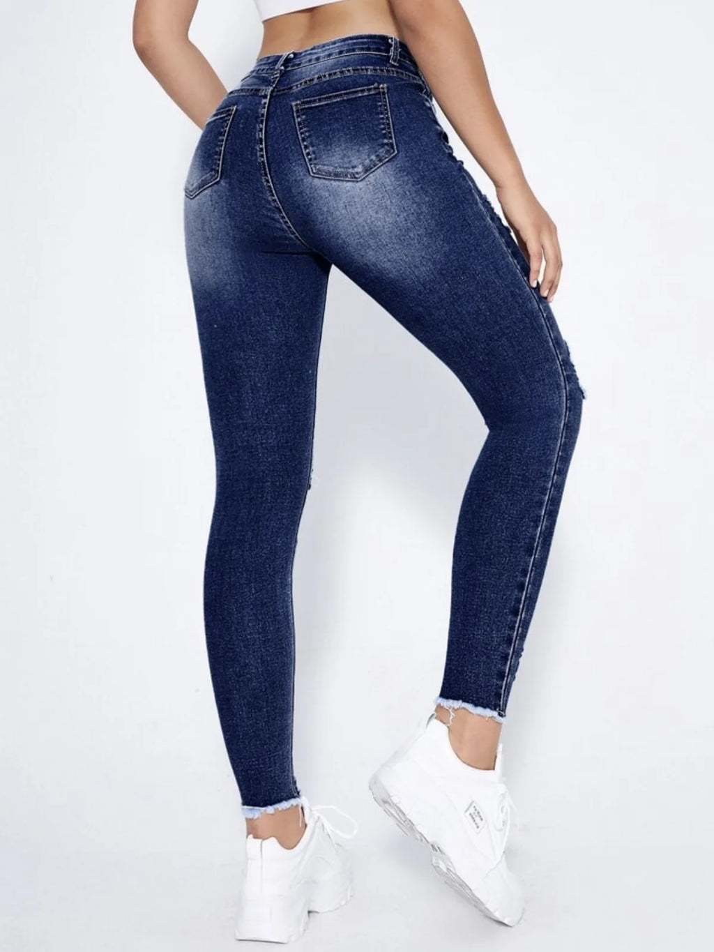 New In Women Fashion Mid Waist Ripped Hole Jeans Casual High Street Denim Pants Sexy Frayed Slim Fit Pencil Pants for Women