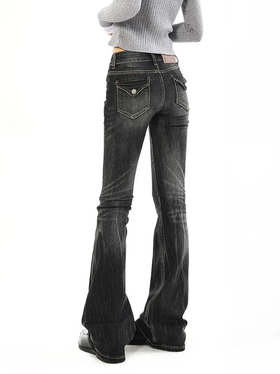 Women Vintage Double Button Low Waist Micro Flare Jeans Y2K Slim Retro Black Gray Whisker Denim Pants Streetwear Y2k Trousers