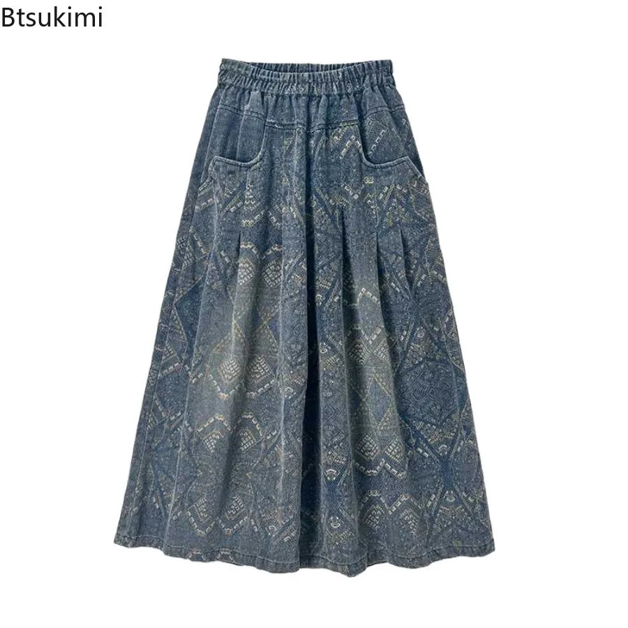 2026 Women's High Waist Wide Leg Jeans Loose Casual Straight Fit Trousers Elastic Waist Spring Autumn Vintage Print Denim Pants