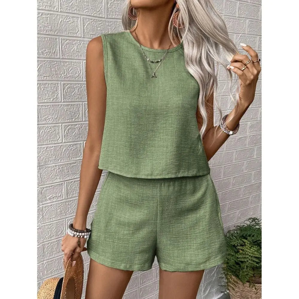 Fashion Solid Color Vest Shorts Set Simple Design Multi-size Casual Outfit Set Sleeveless Top Set Casual Wear