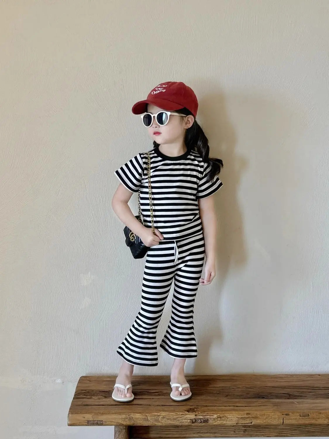 Girls' Short-Sleeved T-Shirt 2025 New Summer Clothing for Small and Medium-Sized Children, Baby Children's Clothing Tops, Striped Suit, Casual Two-Piece Set