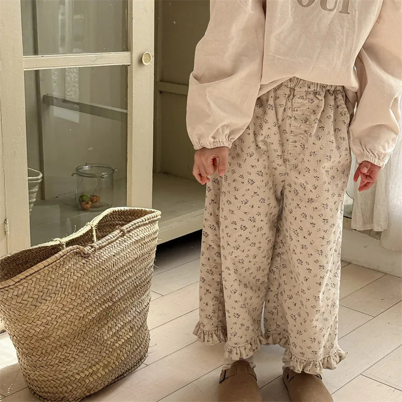 deer jonmi 2026 New Spring Baby Girls Wide Leg Pants Floral Printed Korean Style Corduroy Ruffles Toddlers Kids Casual Trousers