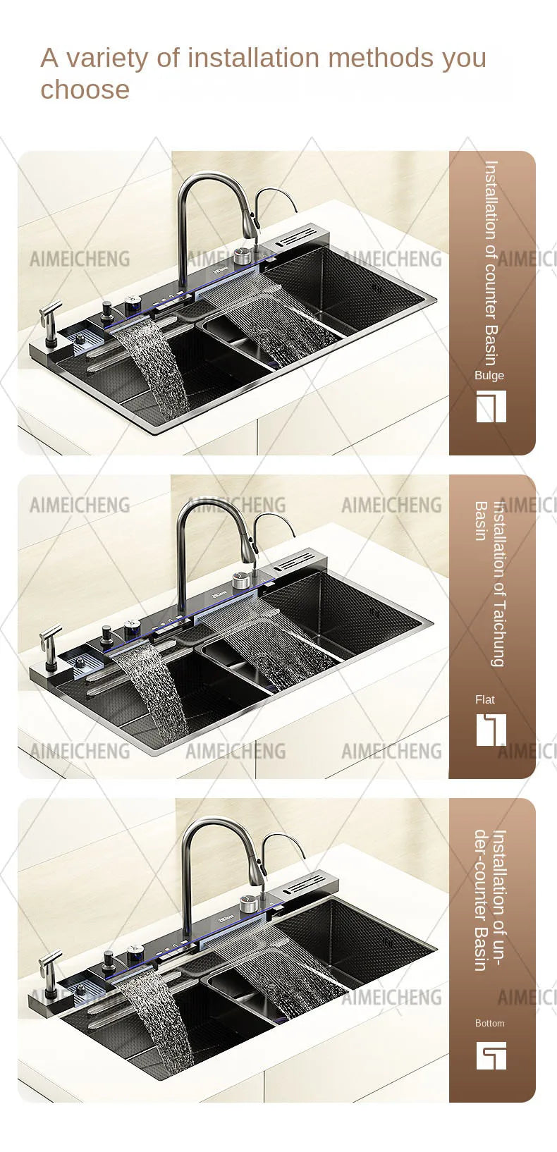 2026 Tiktok Newest Design 30 Inch Waterfall Faucet Black Bionic Honeycomb 304 Stainless Steel Big Single Bowl Kitchen Sink