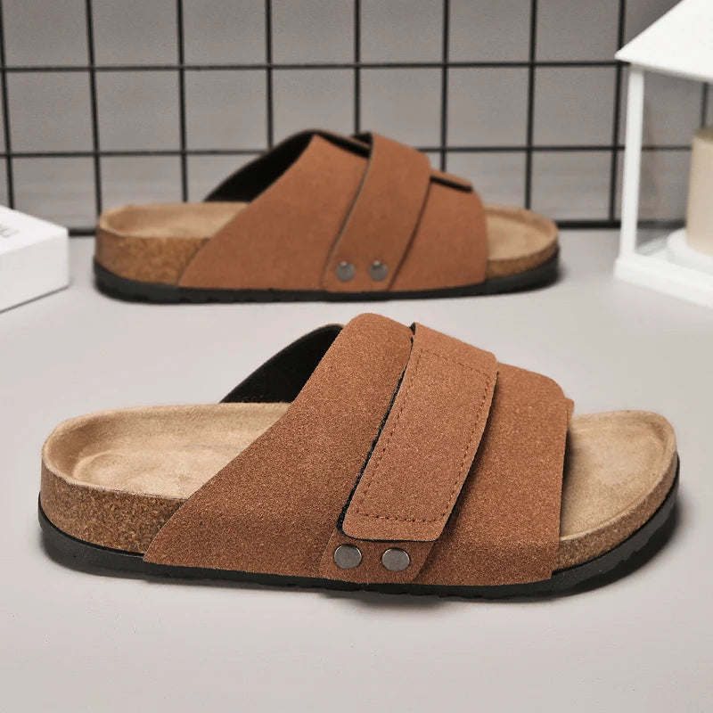 Men Women Clogs Suede Leather Cork Slippers Comfort Footbed Adjustable Open Shoes Slide Sandals Indoor Home Outdoor for Couples