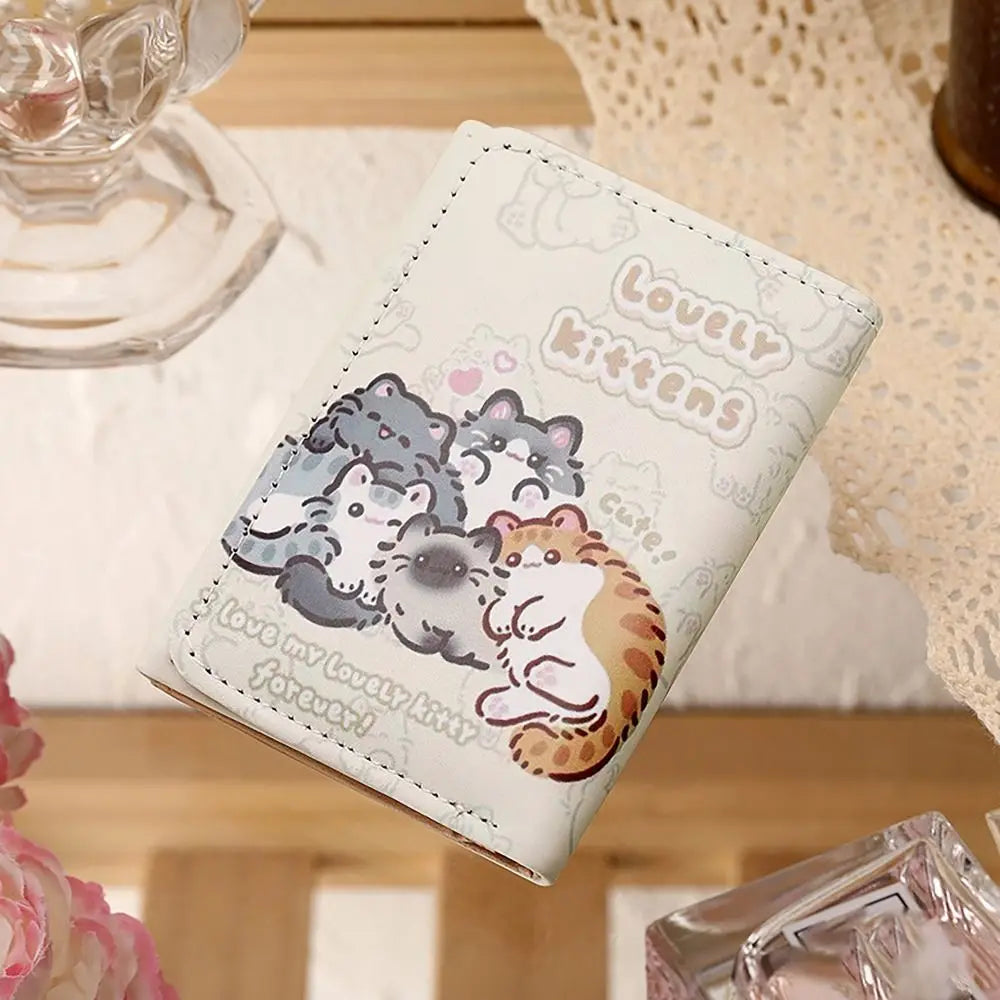 Vintage 3 Folds Money Coin Purse PU Leather Cute Kitten Dog Wallet Money Bag INS Style Card Wallets for Girls Students Gift