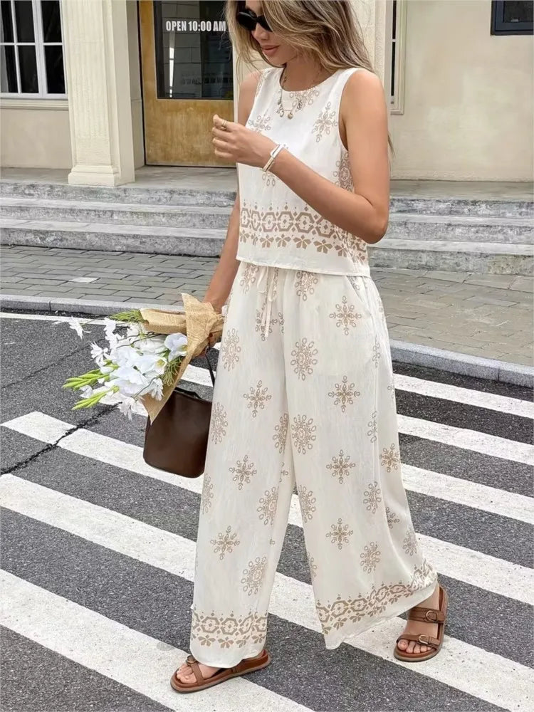 Women's Casual Pant Sets 2026 Summer Fashion Printed Streetwear Sleeveless Tank Tops Waist Loose Wide Leg Pants 2 Piece Sets