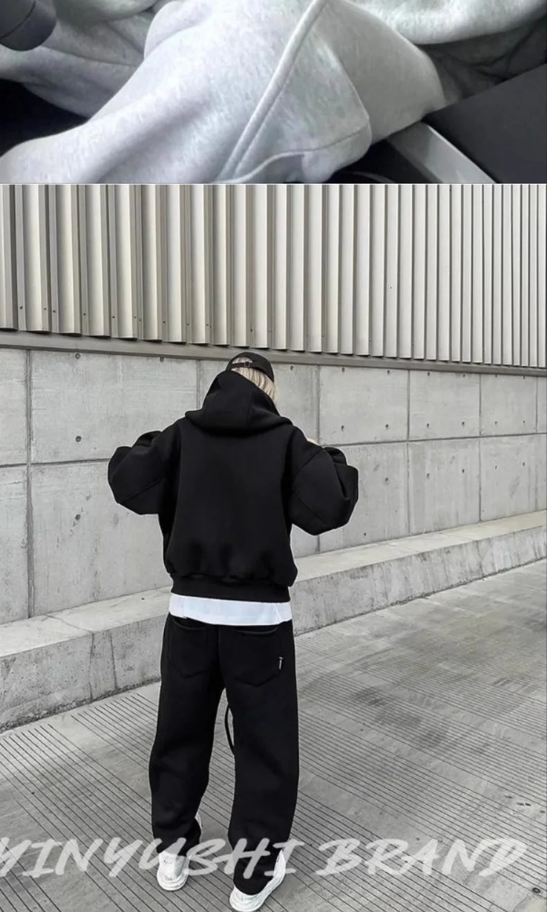 Men's Autumn Winter Hooded Open Cardigan Double Zipper Fleece Long Pants Sport Casual Two-Piece Set Versatile Polyester Fiber
