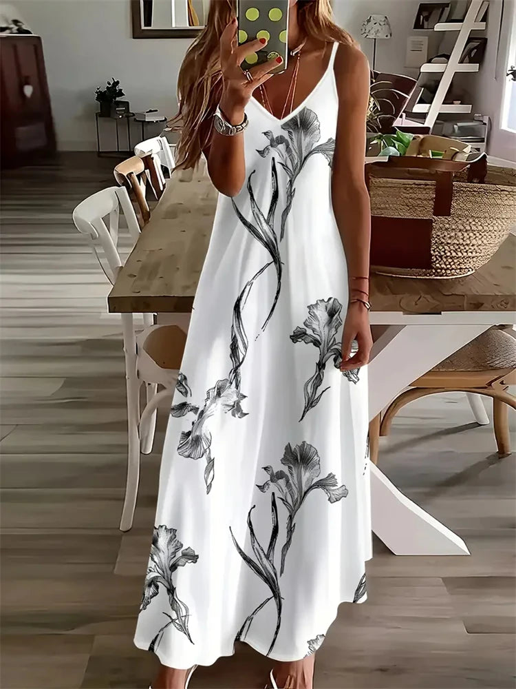 2024 New Women's Vintage Print Sleeveless Floor-Length Sundress Fashion V-Neck Slip Dress Bohemia Casual Loose Holiday Clothing