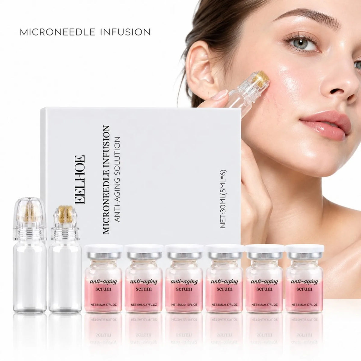0.2MM Microneedle Roller Kit 2 Tools + 6 Bottles Hydrating Firming Skin Set Daily Facial Skin Care Microneedle Essence Serum